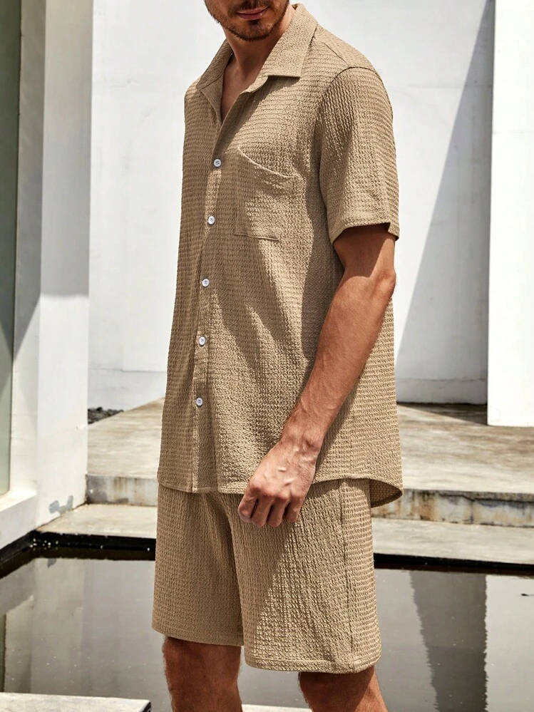 Manfinity Homme Nam Màu thuần Áo sơ mi Với túi Và Vá lại Quần short - Màu Khaki - Xem 3