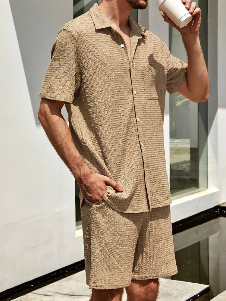 Manfinity Homme Nam Màu thuần Áo sơ mi Với túi Và Vá lại Quần short - Màu Khaki - Xem 4