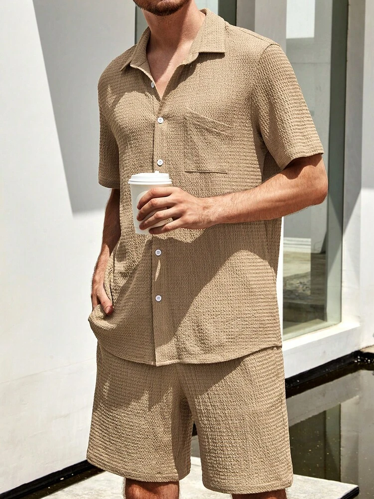 Manfinity Homme Nam Màu thuần Áo sơ mi Với túi Và Vá lại Quần short - Màu Khaki - Xem 5