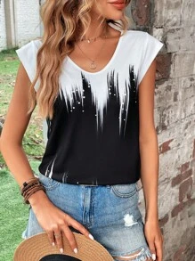 SHEIN LUNE Áo thun nữ Nhẫn Dây kéo Khối Màu Giải trí - Đen và trắng - Xem 1