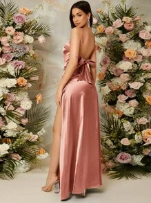 SHEIN Belle 後背繫帶高衩連衣裙 - 藕粉色 - 查看 2