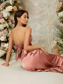 SHEIN Belle 後背繫帶高衩連衣裙 - 藕粉色 - 查看 3