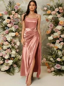 SHEIN Belle 後背繫帶高衩連衣裙 - 藕粉色 - 查看 4