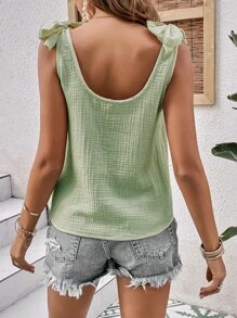 SHEIN VCAY Áo sơ mi nữ Thắt nút Nút phía trước màu trơn Giải trí - màu xanh lá - Xem 2