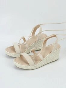 Phụ nữ buộc chân Thiết kế dép có quai Espadrille, Dép nêm giả da lộn cho kỳ nghỉ hè - Màu be - Xem 2