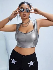 SHEIN ICON 大碼雞心領口PU皮革背心上衣 - 銀色 - 查看 1