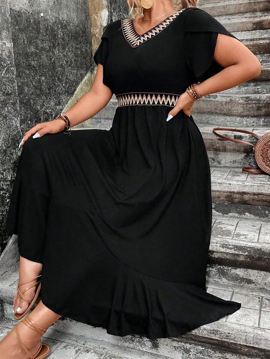 Breezaya Plus Chevron Tape Petal Sleeve Ruffle Hem Dress Maxi Women Outfit - Black - View 1