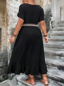 Breezaya Plus Chevron Tape Petal Sleeve Ruffle Hem Dress Maxi Women Outfit - Black - View 2