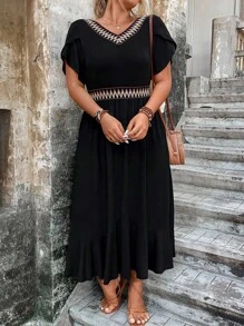 Breezaya Plus Chevron Tape Petal Sleeve Ruffle Hem Dress Maxi Women Outfit - Black - View 3