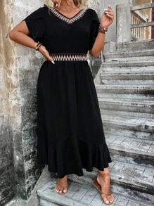 Breezaya Plus Chevron Tape Petal Sleeve Ruffle Hem Dress Maxi Women Outfit - Black - View 5