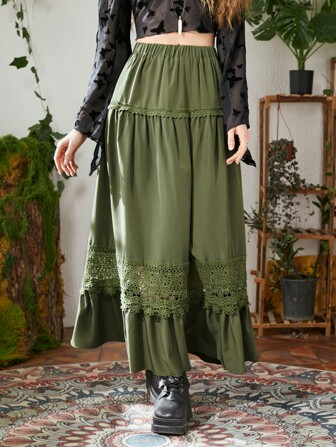 Hippie Contrast Lace Ruffle Hem Skirt