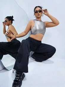 SHEIN ICON Áo hai dây Plus Size màu trơn Giải trí - Bạc - Xem 2