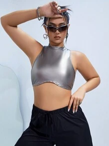 SHEIN ICON Áo hai dây Plus Size màu trơn Giải trí - Bạc - Xem 4