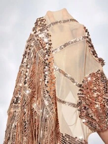 Allurite Contrast Sequin Fringe Trim Bustier Cami Dress - Champagne - View 6