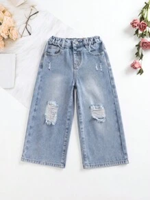 SHEIN Explorewe Pantalones De Mezclilla De Pierna Ancha Rasgados Para Chicas Jóvenes - Lavado ligero - Ver 1