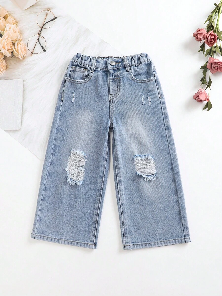 SHEIN Explorewe Pantalones De Mezclilla De Pierna Ancha Rasgados Para Chicas Jóvenes - Lavado ligero - Ver 1