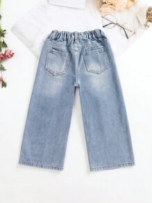 SHEIN Explorewe Pantalones De Mezclilla De Pierna Ancha Rasgados Para Chicas Jóvenes - Lavado ligero - Ver 2