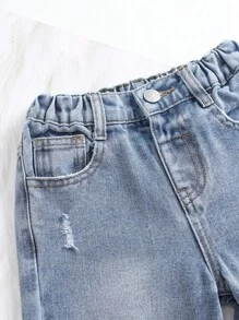SHEIN Explorewe Pantalones De Mezclilla De Pierna Ancha Rasgados Para Chicas Jóvenes - Lavado ligero - Ver 3
