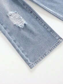 SHEIN Explorewe Pantalones De Mezclilla De Pierna Ancha Rasgados Para Chicas Jóvenes - Lavado ligero - Ver 4