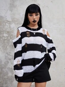 ROMWE Goth Mẫu sọc Vai lạnh Rách Áo len - Đen và trắng - Xem 1