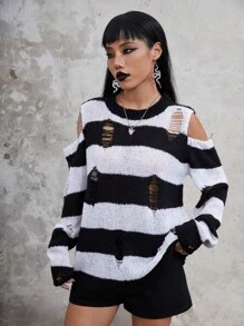 ROMWE Goth Mẫu sọc Vai lạnh Rách Áo len - Đen và trắng - Xem 2