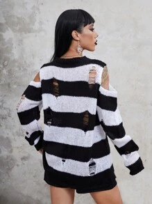 ROMWE Goth Mẫu sọc Vai lạnh Rách Áo len - Đen và trắng - Xem 3