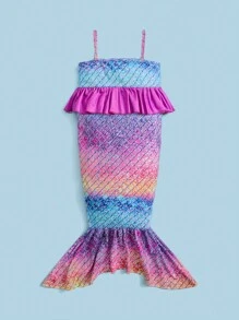 SHEIN Young Girl Fish Scales Print Bow Front Mermaid Tail Dress