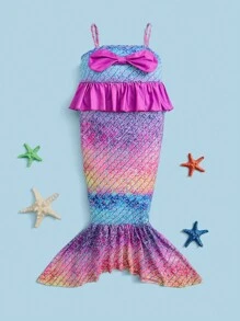 SHEIN Young Girl Fish Scales Print Bow Front Mermaid Tail Dress