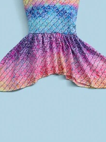 SHEIN Young Girl Fish Scales Print Bow Front Mermaid Tail Dress