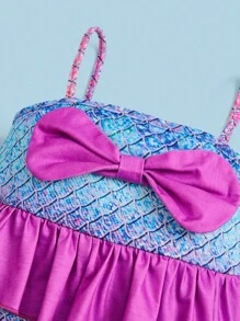 SHEIN Young Girl Fish Scales Print Bow Front Mermaid Tail Dress