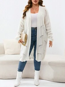 SHEIN VCAY Plus Size Pointelle Knit Drop Shoulder Cardigan - Beige - View 6