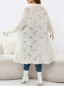 SHEIN VCAY Plus Size Pointelle Knit Drop Shoulder Cardigan - Beige - View 2