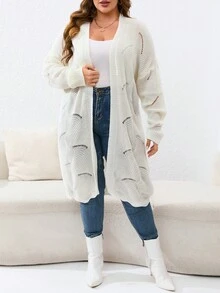 SHEIN VCAY Plus Size Pointelle Knit Drop Shoulder Cardigan - Beige - View 4