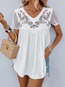 SHEIN LUNE Áo sơ mi nữ Tương phản Mesh Thêu Hoa Giải trí - trắng - Xem 1