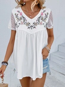 SHEIN LUNE Áo sơ mi nữ Tương phản Mesh Thêu Hoa Giải trí - trắng - Xem 5