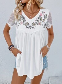 SHEIN LUNE Áo sơ mi nữ Tương phản Mesh Thêu Hoa Giải trí - trắng - Xem 6