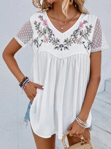 SHEIN LUNE Áo sơ mi nữ Tương phản Mesh Thêu Hoa Giải trí - trắng - Xem 4