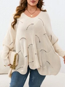 SHEIN VCAY Plus Pointelle Knit Batwing Sleeve Asymmetrical Hem Jumper - Beige - View 5