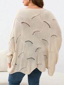 SHEIN VCAY Plus Pointelle Knit Batwing Sleeve Asymmetrical Hem Jumper - Beige - View 2