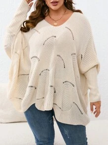 SHEIN VCAY Plus Pointelle Knit Batwing Sleeve Asymmetrical Hem Jumper - Beige - View 1