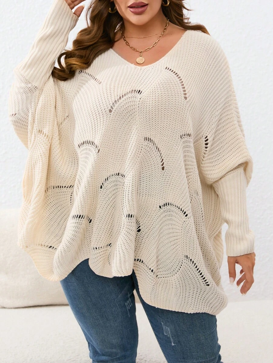 SHEIN VCAY Plus Pointelle Knit Batwing Sleeve Asymmetrical Hem Jumper - Beige - View 1