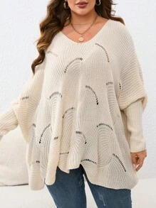 SHEIN VCAY Plus Pointelle Knit Batwing Sleeve Asymmetrical Hem Jumper - Beige - View 3