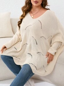 SHEIN VCAY Plus Pointelle Knit Batwing Sleeve Asymmetrical Hem Jumper - Beige - View 4