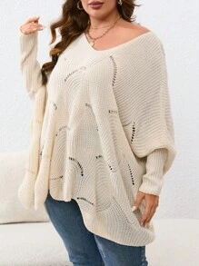 SHEIN VCAY Plus Pointelle Knit Batwing Sleeve Asymmetrical Hem Jumper - Beige - View 7