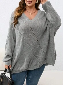 SHEIN LUNE Hơn Dệt kim chấm bi Thả vai Áo len - Xám - Xem 1