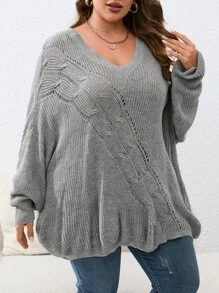 SHEIN LUNE Hơn Dệt kim chấm bi Thả vai Áo len - Xám - Xem 5