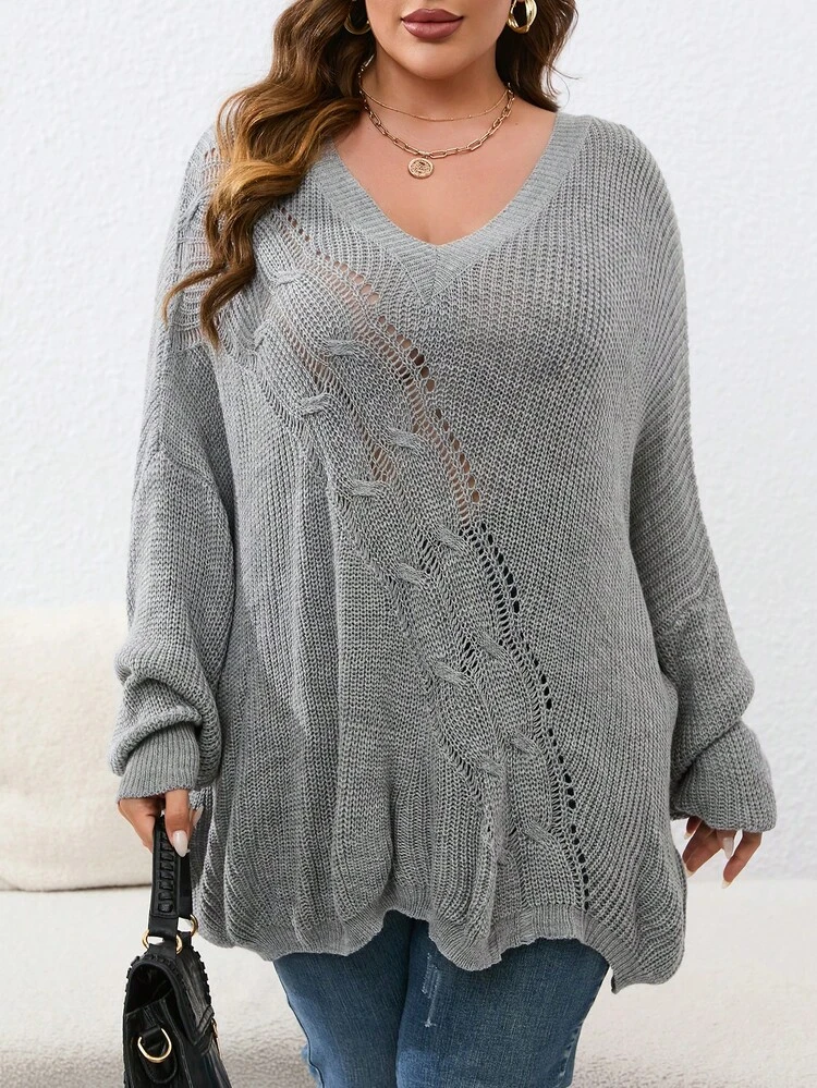 Plus Pointelle Knit Drop Shoulder Sweater