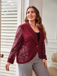SHEIN LUNE Plus Contrast Lace Shawl Collar Open Front Blazer - Burgundy - View 1
