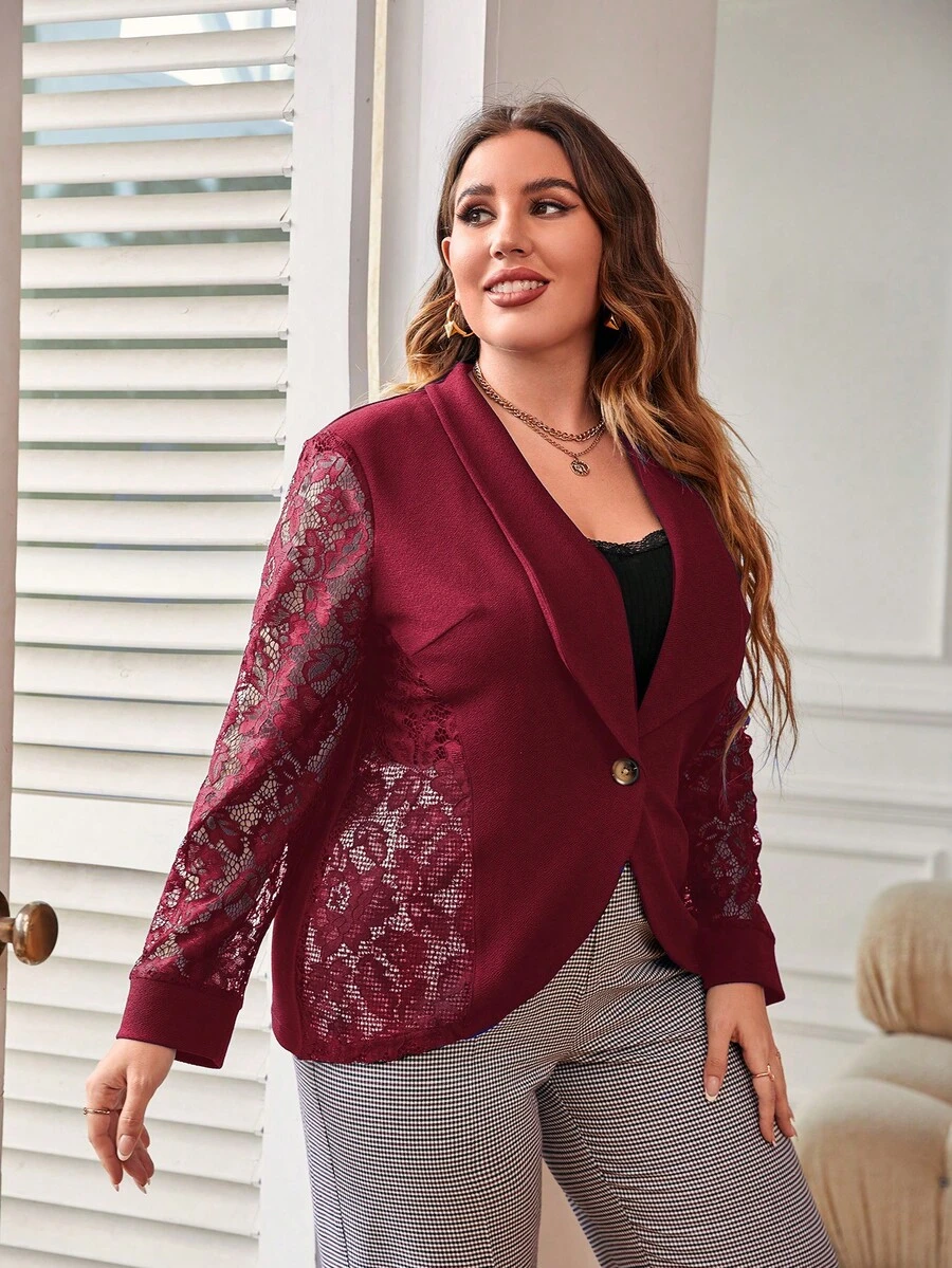 SHEIN LUNE Plus Contrast Lace Shawl Collar Open Front Blazer - Burgundy - View 1