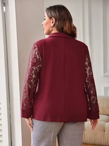 SHEIN LUNE Plus Contrast Lace Shawl Collar Open Front Blazer - Burgundy - View 2